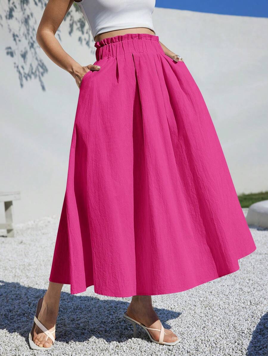 SHEIN Essnce Summer Women Clothes Casual A-Line Linen Midi Skirt For Summer Fits Beach High Waist Baggy - Hot Pink - View 1