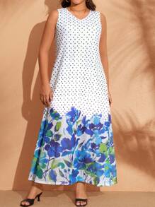 EMERY ROSE Große Größen Sommer Lässig Kleid mit Polka Punkt und Blumen Muster - Verschiedenfarbig - Übersicht 1