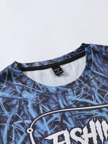 Manfinity Homme Men's Long Sleeve Casual Fishing T-Shirt - 3D Fish Print, Round Neck, Polyester, Black & Blue Gradient Tee, Ideal For Outdoor Activities