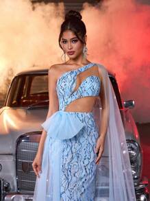 Glamrae 优雅天蓝色精美亮片手工蝴蝶结装饰斜肩带飘袖不对称领口腰部性感透视修身鱼尾拖尾适合约会单身派对毕业典礼婚礼活动厚重晚礼服、正式礼服、晚礼服、婚礼宾客 - 藍色 - 查看 1