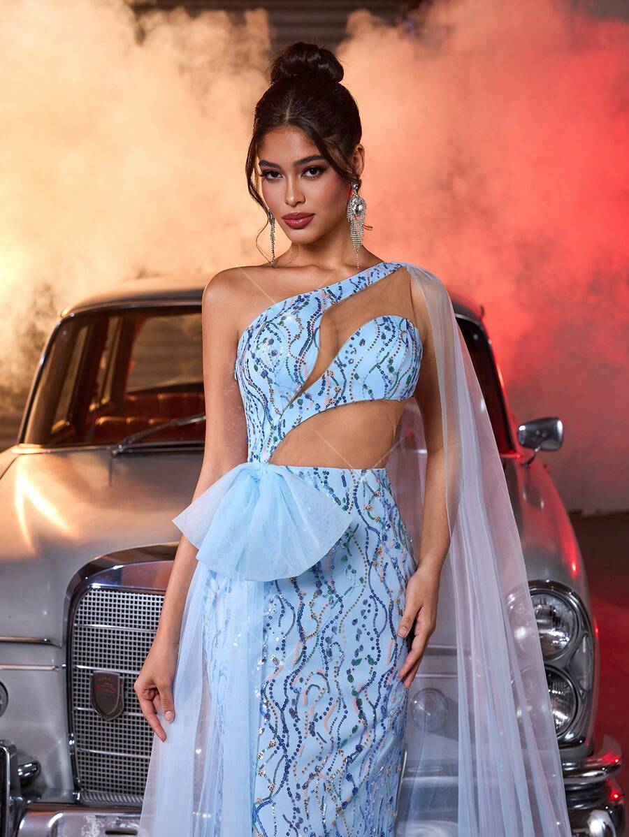 Glamrae 优雅天蓝色精美亮片手工蝴蝶结装饰斜肩带飘袖不对称领口腰部性感透视修身鱼尾拖尾适合约会单身派对毕业典礼婚礼活动厚重晚礼服、正式礼服、晚礼服、婚礼宾客 - 藍色 - 查看 1