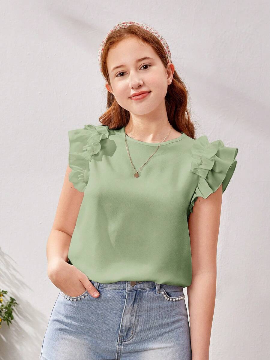 SHEIN Teen Girls Plain Frill Trim Casual Round Neck Shirt - Green - View 1