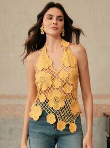 Anewsta Robe de plage élégante pour femme, col en crochet cache-maillot, motif floral ajouré, sans manches, parfaite pour les vacances, les festivals de printemps et l'été, les remises de diplômes - Jaune citron - Voir 6