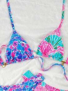 Swim Mod 4 件套新款碎花 + 彩色贝壳和海星金属装饰侧系带比基尼泳装套装，海滩度假女士泳装 - 彩色 - 查看 3