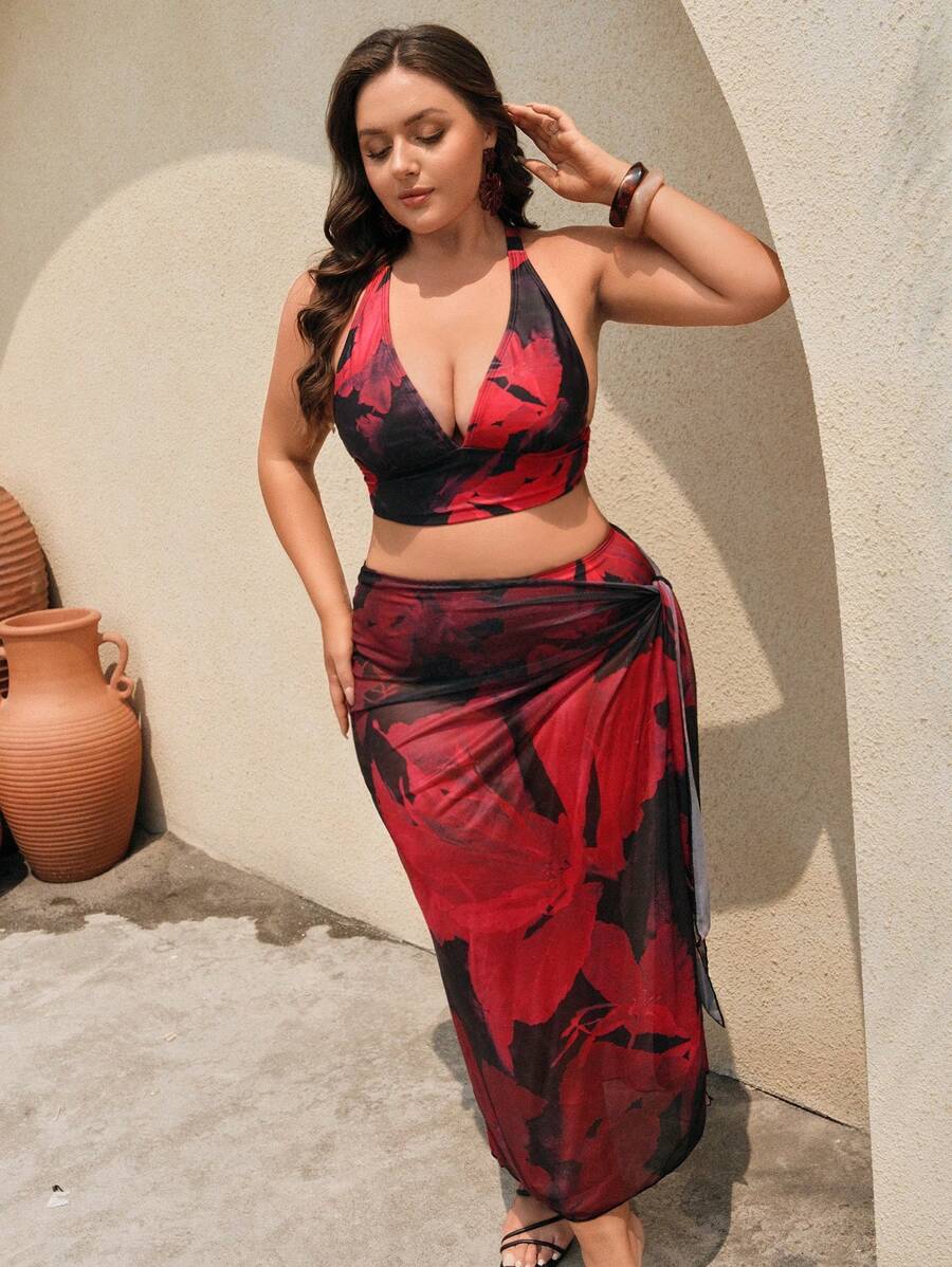 Swim Oasis 3 件套加大码女式随机印花海滩度假泳池派对雪纺裙、露背背心比基尼套装