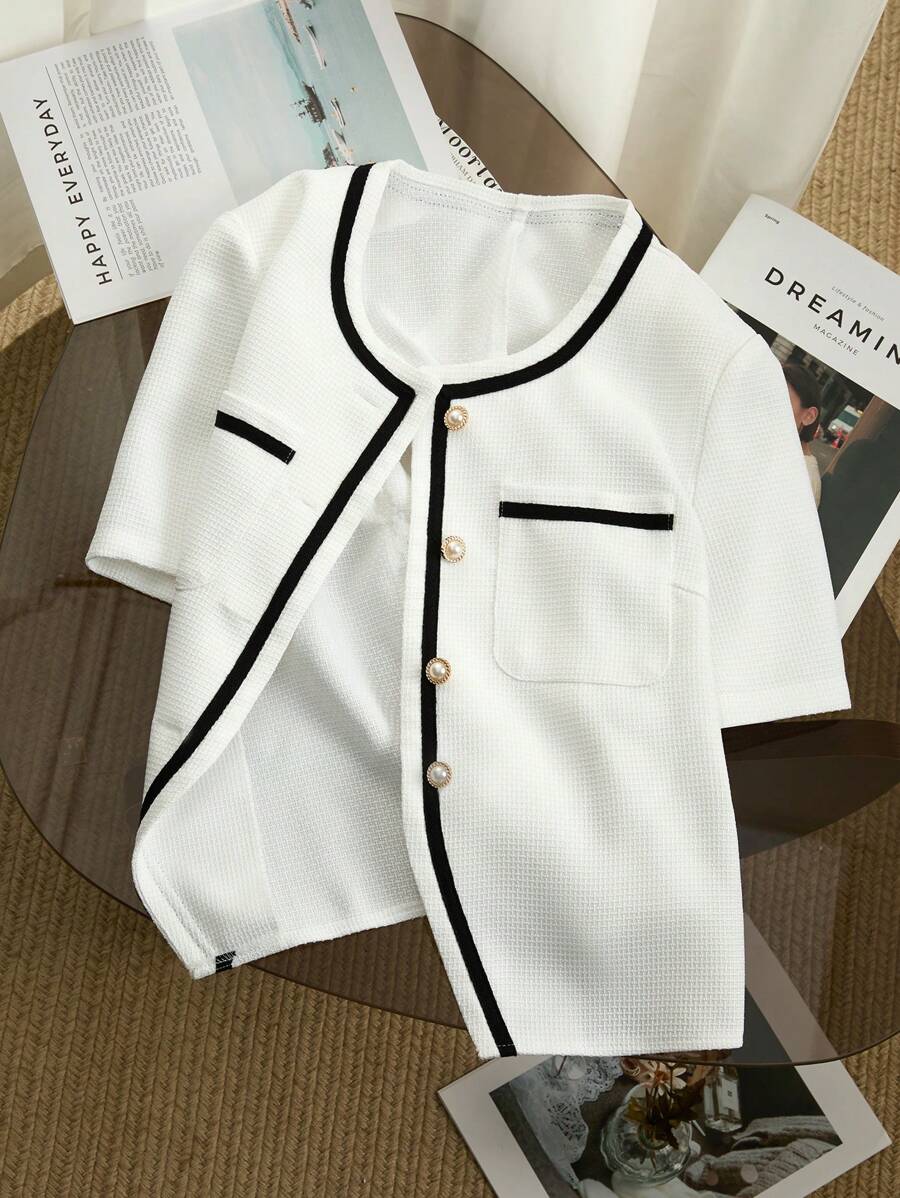SHEIN Clasi 女式拼色装饰口袋前扣短袖轻便西装外套 - 白色 - 查看 1
