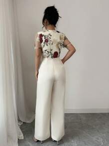 Rafferiza Women's Elegant Embroidered Mesh Button Gathered Waist Jumpsuit - Apricot - View 4