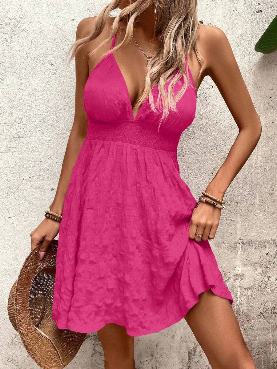 Breezaya Sleeveless A-Line Dress With Gathered Waist Made Of Textured Fabric, Ideal For Summer Vacations And Daily Wear For Women For New Year Clothes Vacation Beach Outfit - Hot Pink - View 1
