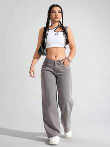 SHEIN ICON Women's Casual Loose Straight Leg Pocketed Jeans - Grey - View 3