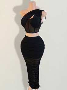 BamGleam Set de 2 piezas de top corto sin mangas con empalmado de malla y falda de unicolor para mujer - Negro - Ver 3