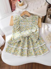 SHEIN 2件套少女夏日假期碎花荷叶边上衣和裙子套装 - 彩色 - 查看 1