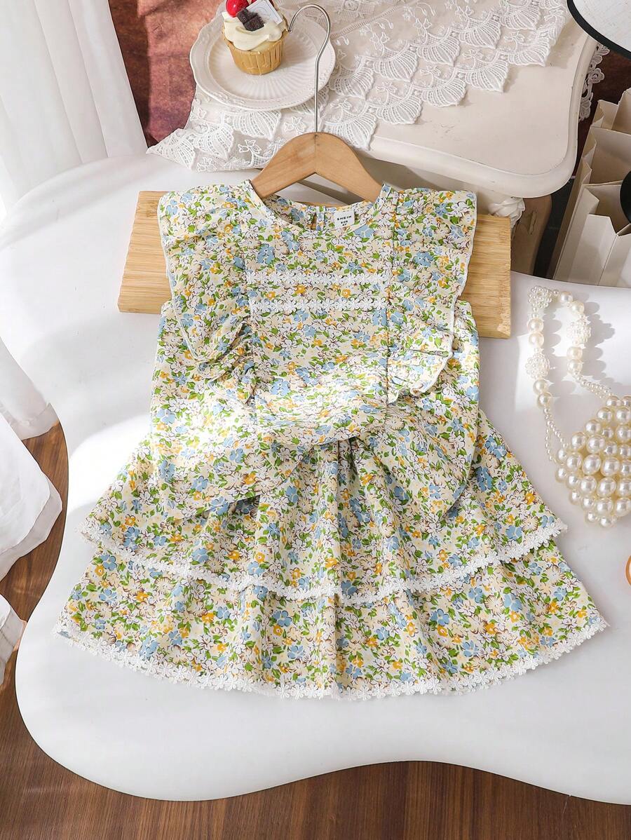 SHEIN 2件套少女夏日假期碎花荷叶边上衣和裙子套装 - 彩色 - 查看 1