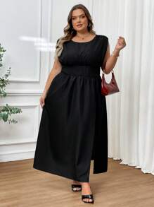 SHEIN CURVE+ CURVE PLUS 大码新款无袖高腰高开衩连衣裙，适合大码女士，春夏，Curve Plus，波西米亚风女士度假海滩装/沙滩裙/海滩度假装/海滩必备品/毕业/茶会礼服夏季/乡村/海滩度假装/海滩装/海滩装 - 黑色 - 查看 4