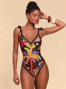 Travachic 1 件女士热带印花细肩带连体泳衣，适合海滩度假 - 彩色 - 查看 6