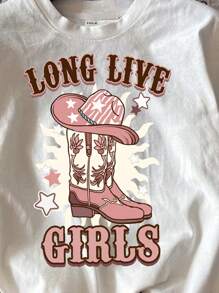 SHEIN Leap Crew Lässige, Einfache Stiefel Für Tween-mädchen Und Kurzärmliges Rundhals-t-shirt Mit Buchstabendruck, Geeignet Für Den Sommer