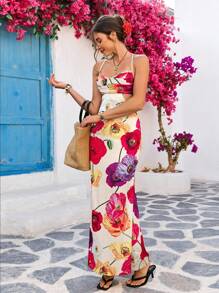 Vivid Eden Women's Summer Romantic Floral  Print Ruched Cutout Waist Crisscross Backless Cami Dress, Vacation Style,Summer Outfits For Women,Vacation Outfits ,Beach Vacation Outfits,Tropical Vacation Woman Clothes,Cruise Outfits Women,Elegant Dresses For Women,Wedding Guest Dress Women,Festival Outfits For Women,Birthday Dress For Women,Dating Dress - Multicolor - View 3