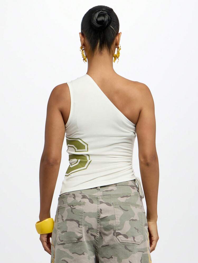 SUMWON WOMEN Top deportivo de un solo hombro con diseño de número universitario, para entrenamiento, estilo deportivo de moda, de ajuste ceñido, asimétrico, sin mangas, estilo gimnasio y ropa de ocio deportiva