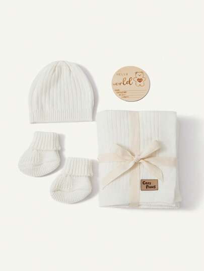 Cozy Pixies 4件套白色针织婴儿襁褓毯礼盒套装（包含帽子、脚套、毯子）