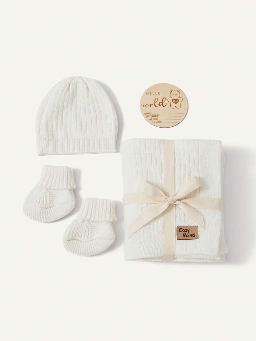 Cozy Pixies 4件套白色针织婴儿襁褓毯礼盒套装（包含帽子、脚套、毯子） - 白色 - 查看 1