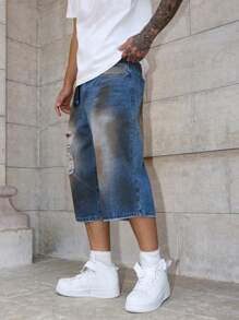 Manfinity EMRG Men's Casual Distressed Frayed Edge Colorblock Loose Denim Shorts - Medium Wash - View 5