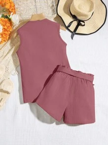 Tween Girls Sleeveless Jacket With Bowknot Belt And Shorts, Casual Fashionable Outfit, Daily Wear (2 Sets Are Sold Separately) - Rose Red - View 2