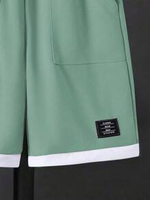 SHEIN Tween Boy Summer Casual Color Block Round Neck Short Sleeve T-Shirt And Shorts 2 Pieces Set, School, Campus, College