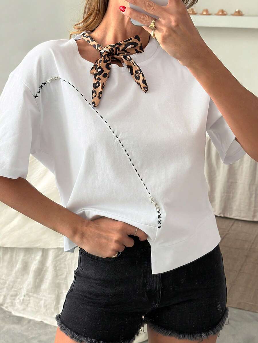 EURMUSE 女士刺绣休闲圆领短袖T恤，适合夏季 - 白色 - 查看 1