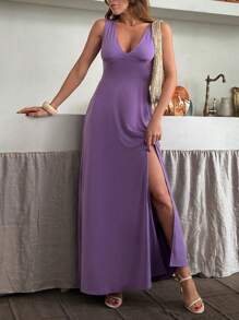 SHEIN Vestido largo lila elegante, estilo casual para mujer en primavera y verano