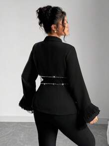 Elenzga Plus Size Women Elegant Design Rhinestone Cutout Sleeve Trim Blazer - Black - View 2
