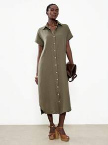 Chiquease Abito camicia maxi semplice e confortevole con spacco laterale da donna - Verde Oliva - Visualizzare 6
