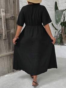 SHEIN VCAY Rochie cu mânecă scurtă, de zi cu zi, cu mâneci scurte, de damă, de mărime mare, culoare uni, negru