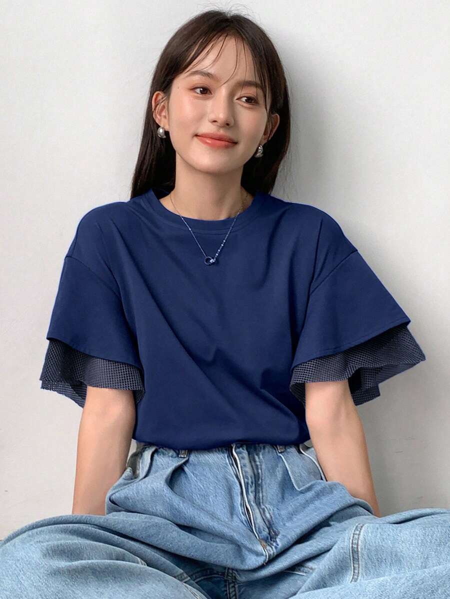 FRIFUL 女式夏季宽松休闲T恤，圆领落肩短袖，荷叶边 - 藏蓝色 - 查看 1