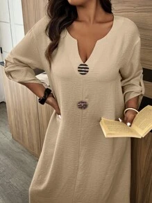 Weeklong Rochie cu decolteu în V, cu margine rulată, lejeră, dreptă, de dimensiuni mari