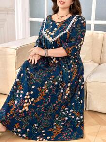 Lacomfia Plus Size Women's Floral Print Long Lantern Sleeve Ruffled Hem Arabic Style Dress Fall - Multicolor - View 6