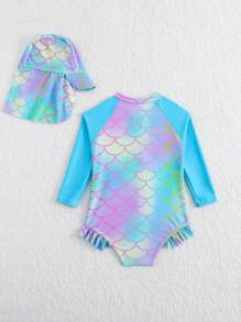 Infant/Toddler Girls Ombre Mermaid Scale Print Ruffled Long Sleeve One-Piece Swimsuit With Random Print And Ruffled Trim (Includes Hat) - Multicolor - View 2