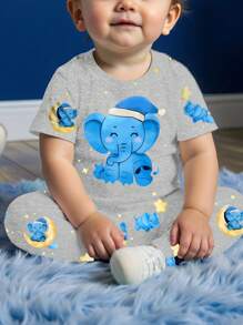 SHEIN Baby Boy Casual Minimalist Slim Fit Round Neck Comfortable Short Sleeve Pants Pajamas Set, Suitable For Spring/Summer, Snug Fit