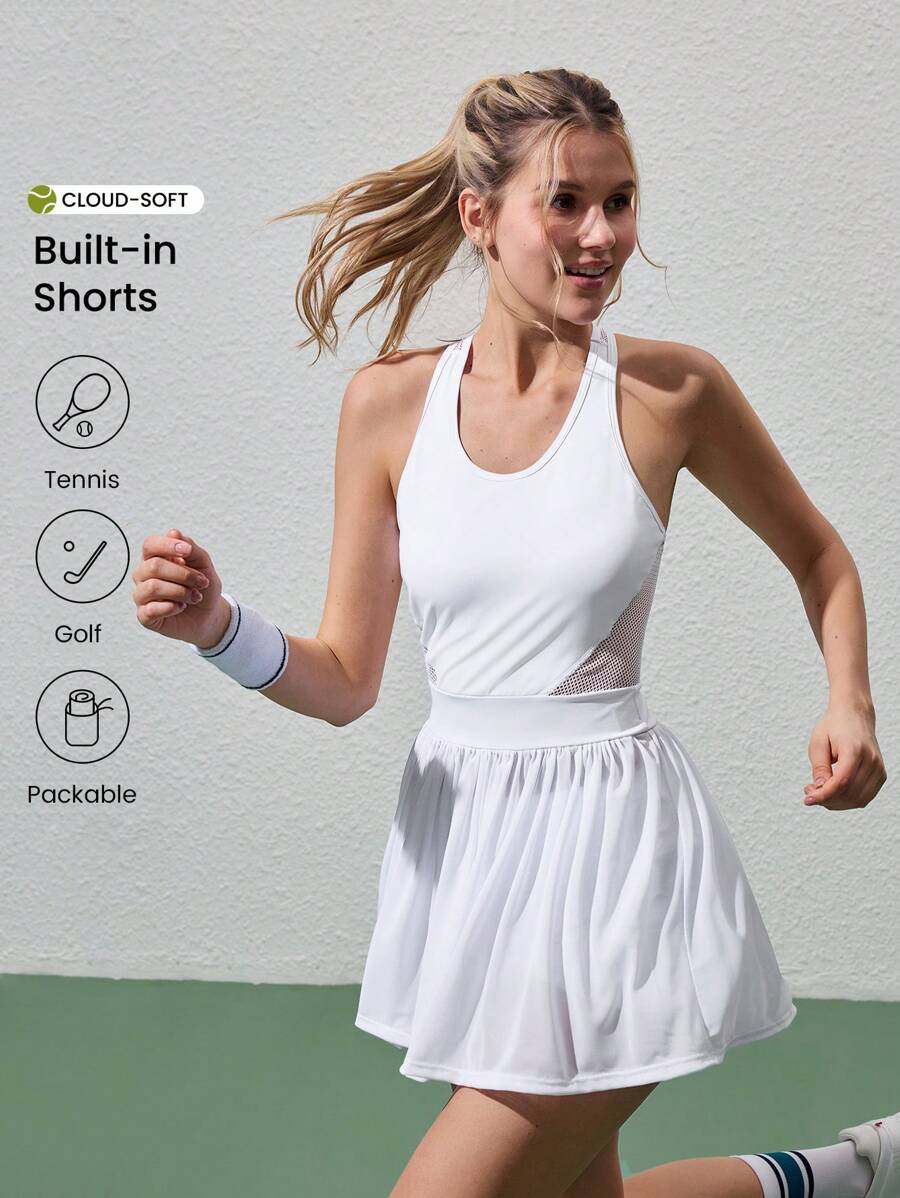Gameset SHEIN Sport 网球运动白色网眼褶皱圆边女式运动短裤和连衣裙套装,适合户外运动服 - 白色 - 查看 1