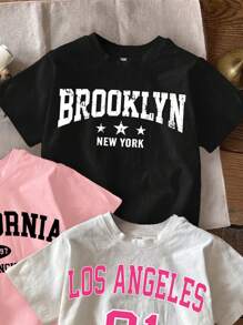 SHEIN Leap Crew ModeFlare Wear 3pcs Casual Cartoon Letter Print Short Sleeve T-Shirt Set For Tween Girls, Summer - Multicolor - View 7