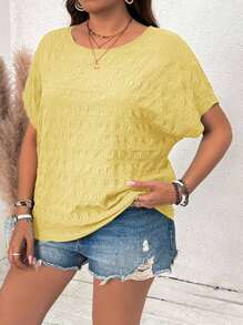 SHEIN VCAY Plus Size Batwing Sleeve Textured Round Neck Vacation Shirt - Mustard Yellow - View 5
