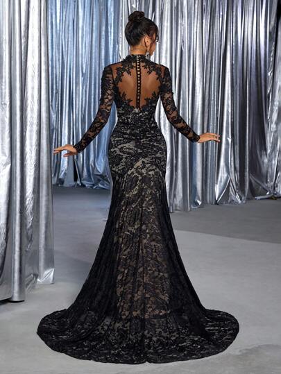 SHEIN Belle Elegant Luxurious Embroidered Stretchy Lace Sheer Long Sleeve Mermaid Dress With Removable Bow Backless Train Suitable For Wedding, Party, Bachelorette Event, Vacation, Bride, For Valentine's Day