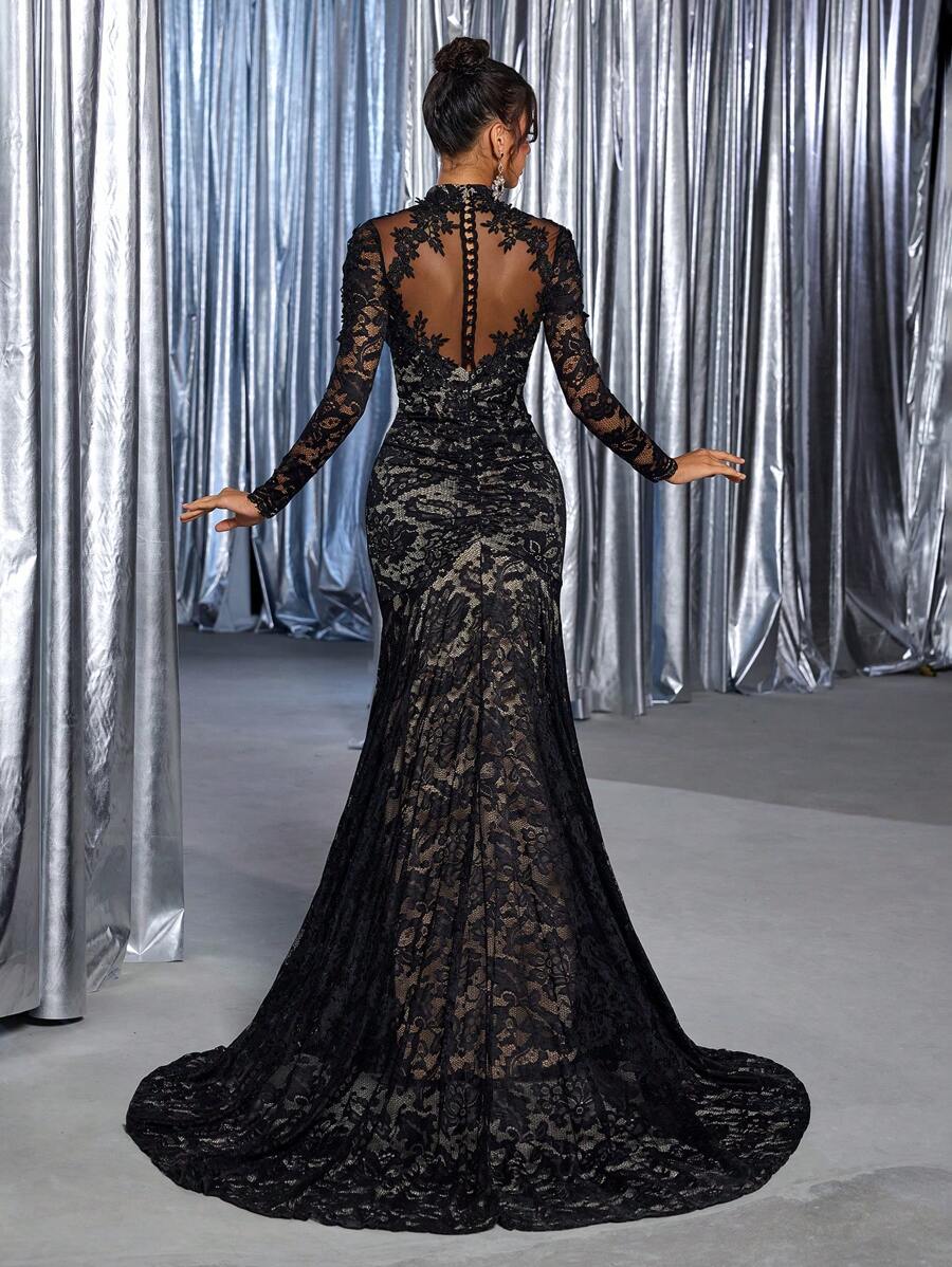 SHEIN Belle 优雅奢华刺绣弹力蕾丝透视长袖鱼尾礼服，配有可拆卸蝴蝶结和露背拖尾，适合婚礼、派对、单身派对、度假、新娘、情人节等场合。 - 黑色 - 查看 1
