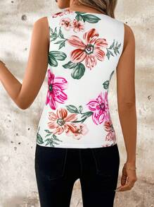 SHEIN Clasi Women's Boho Floral Print Knitted Tank Top: Scalloped V-Neck Regular Length Sleeveless Cami For Summer - Hot Pink - View 2