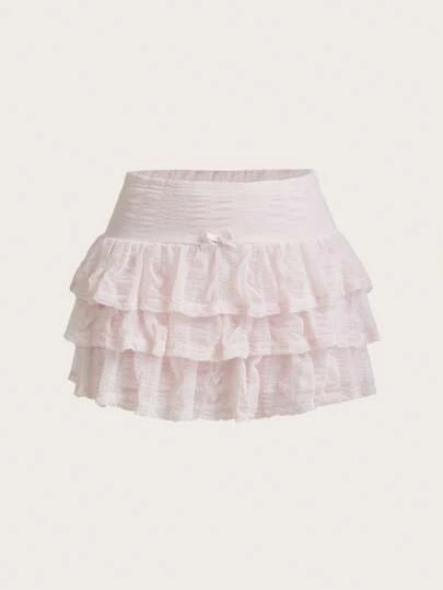 Sweetina Minifalda de pastel con lazo de unicolor blanco, estilo veraniego y Y2k