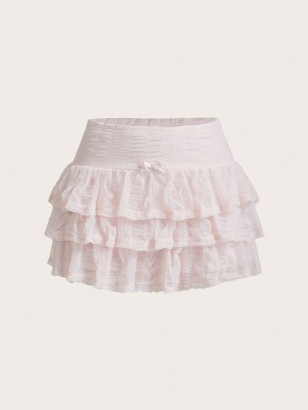 Sweetina Minifalda de pastel con lazo de unicolor blanco, estilo veraniego y Y2k