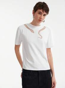 Aalyst Women's Casual Hollow Embroidered White T-Shirt, Snake Year Design, Summer