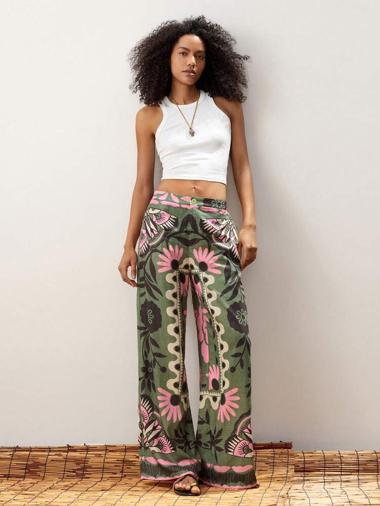 SHEIN Maija Women's Green Summer Pants With Front Button Zipper, Back Elastic Waist, Slant Pockets, Western Style Vacation Wear, Floral Print Interesting Pattern, Loose Fashionable Casual Daily Comfortable Pants Women Easter Summer Easter Beach Summer Holiday Beach Vacation Summer Going Out Graduation