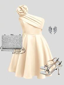 SHEIN Girlism 优雅纯色 3D 花卉单肩荷叶边短款舞会礼服，适合少女 - 杏色 - 查看 4