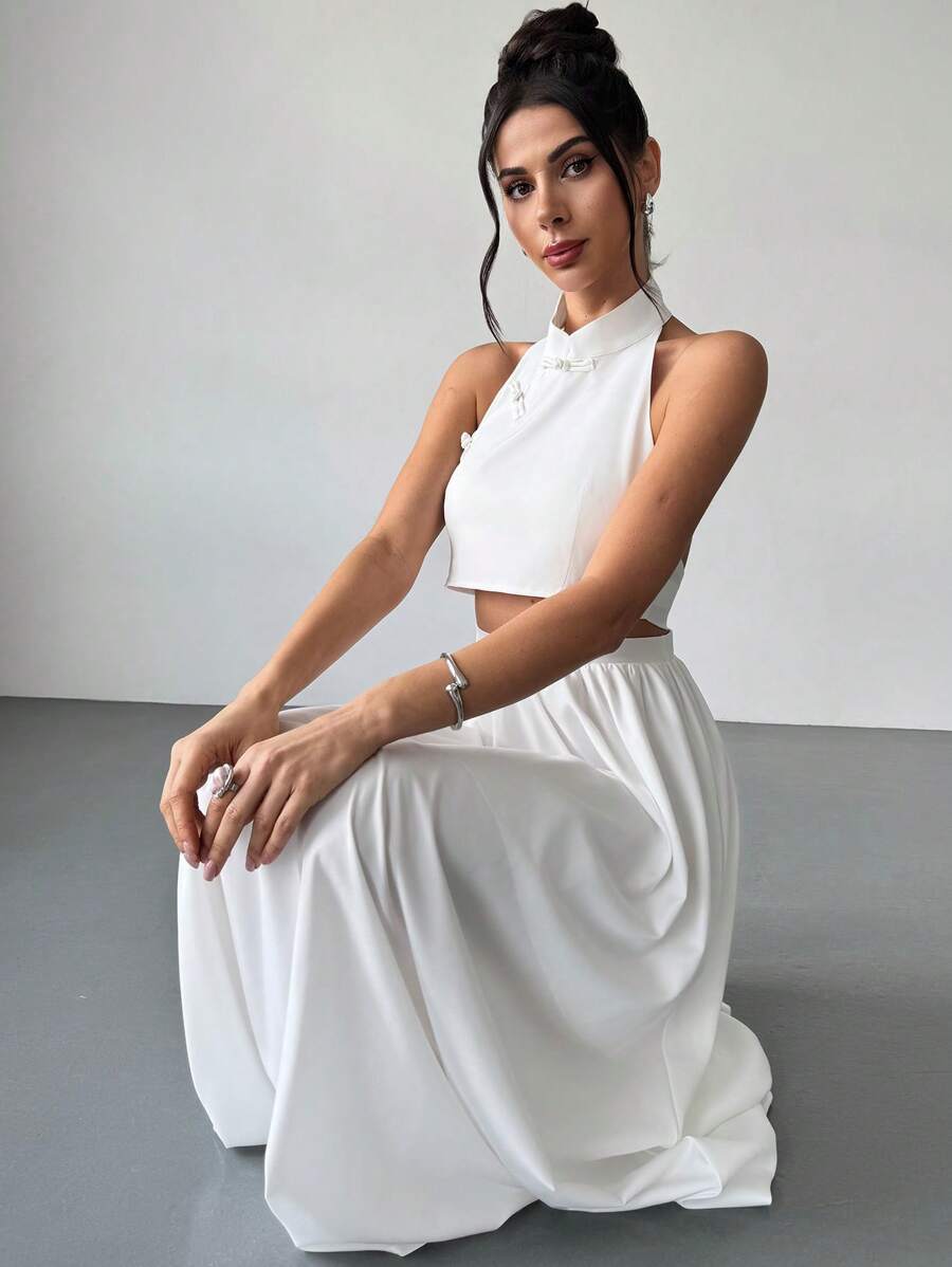 Firerie Women Elegant Minimalist Sexy Vacation Beach Mandarin Collar Backless Top And Pleated A-Line Skirt 2 Pieces Set, White - White - View 1