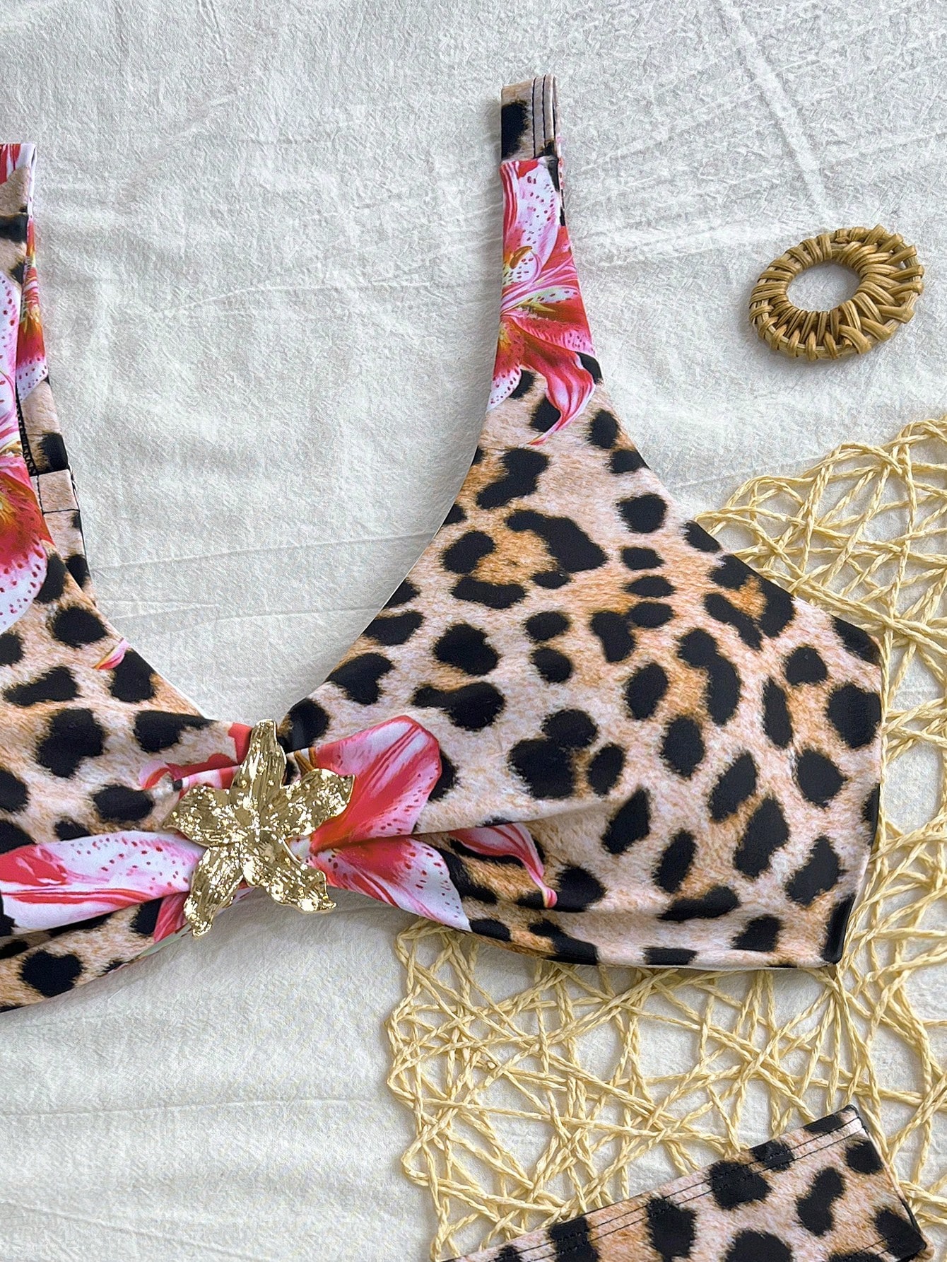 Swim Mod Conjunto de Maiô Tankini com Decoração de Metal e Estampa de Leopardo, Moda Chegada Primavera para Mulheres - Multicolorido - Visão 5
