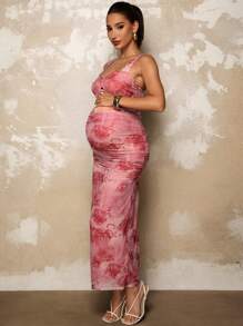 MaterniChic Elegant Red Maternity Knitted Dress With Floral Print, Ruched Detail, And Sleeveless Straps Design For A Stylish Pregnancy Look - Red - View 6